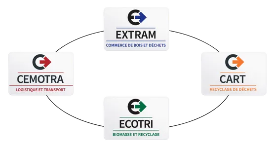 Le cycle du groupe : EXTRAM collecte, CART recycle, ECOTRI valorise en biomasse, CEMOTRA transporte.